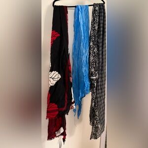 Colorful Scarf Lot. Black floral (NWT) red/black floral, and sky sky blue